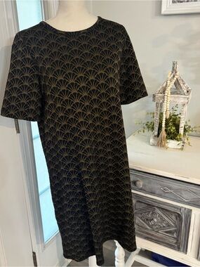 LOFT Ann Taylor Olive Green Fan Print Short Sleeve Knit Shift Dress size Large